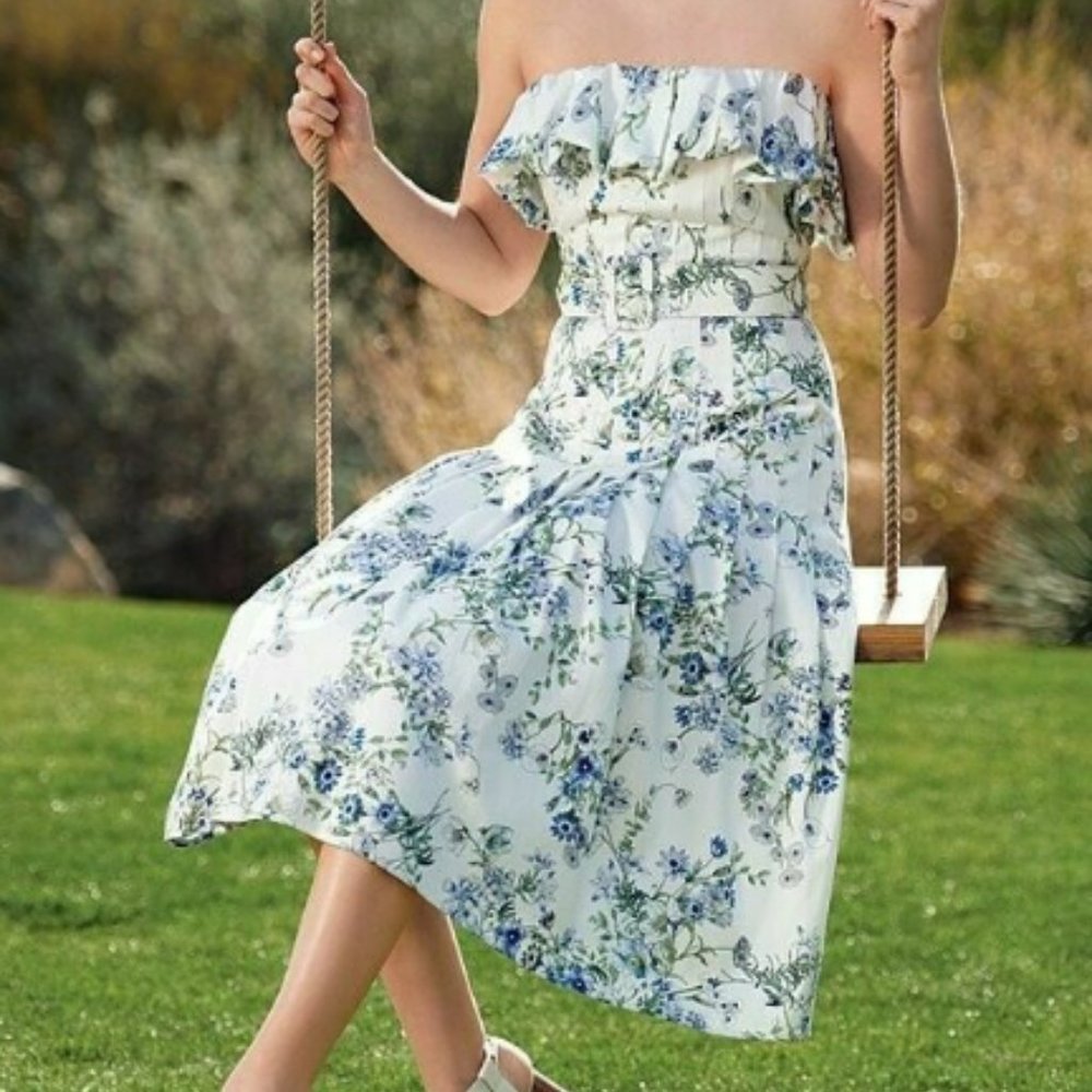 Antonio Melani Tabitha Floral Print Strapless A-Line Midi Dress Sz 8